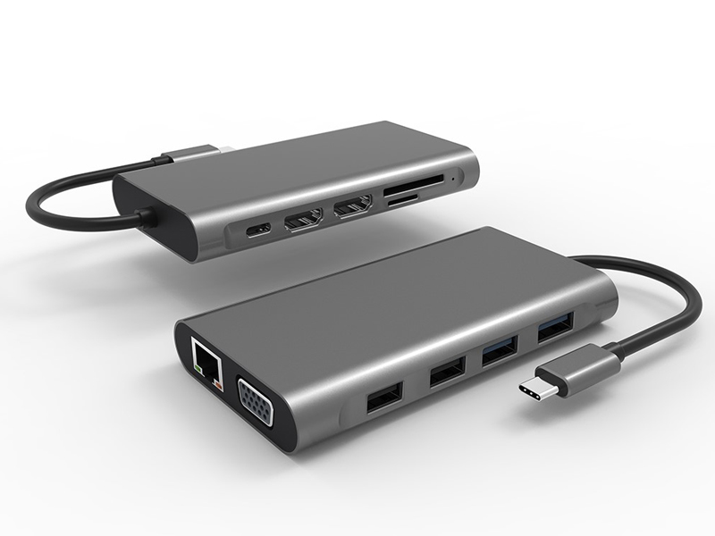 USB 3.1 Type-C to USB3.0 x 2+USB2.0x 2+RJ45 LAN HDMIx 2+ VGA+SD/TF Card reader Type-C Charging Adapt